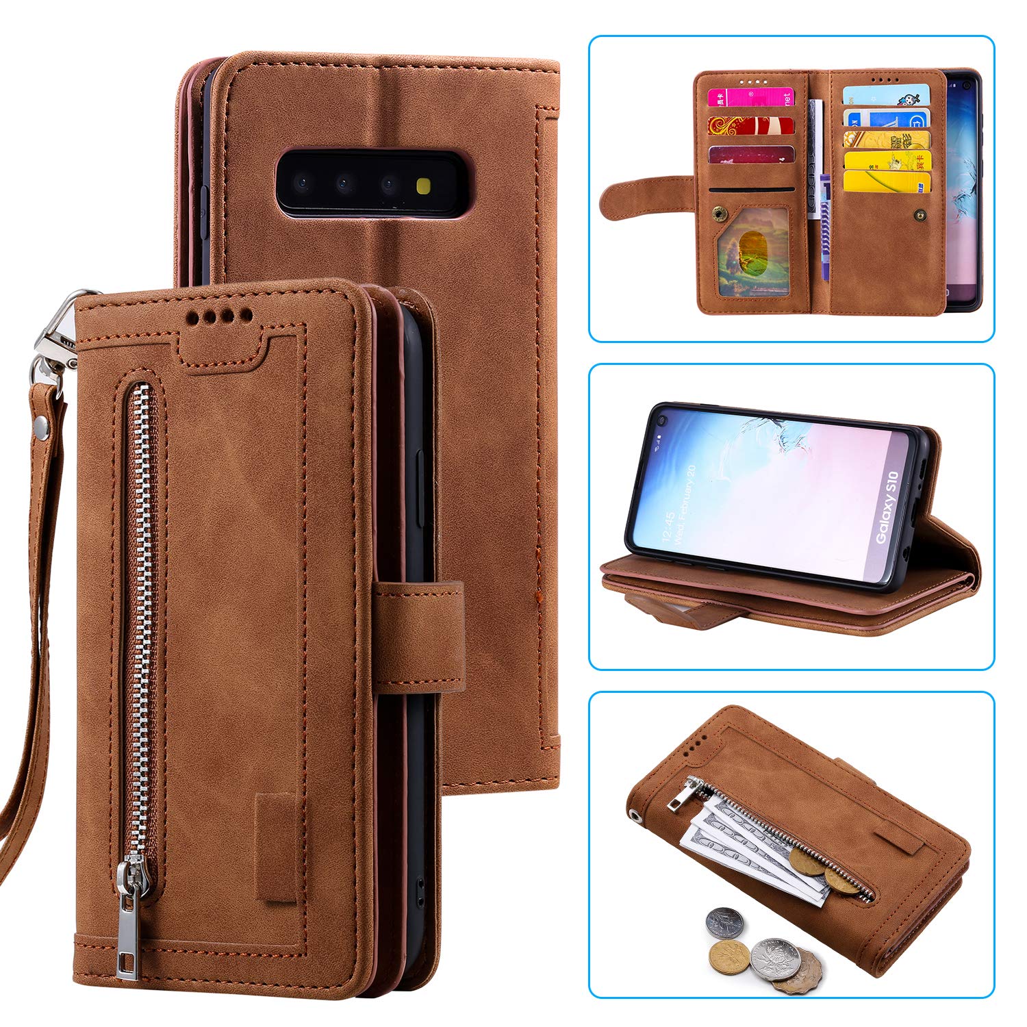 UEEBAI Wallet Case for Samsung Galaxy S10 Plus, Retro 9 Card Holder Slots Zipper Pocket Handbag Case PU Leather Magnetic Closure Kickstand with Wrist Strap TPU Shockproof folio Case - Brown