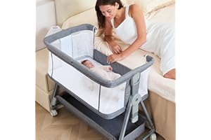 GROBEYBEES 3-in-1 Baby Bassinet Bedside Sleeper with Wheels Bedside Bassinet for Newborn and Infant with Mattress and Storage Basket | Adjustable Height & Angle (13.5-18") | ASTM/CPSIA Certified (Grey)