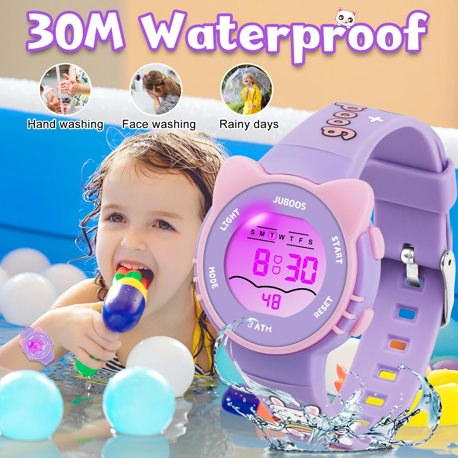 Juboos Kid's Digital Watch for Boys and Girls, Waterproof LCD Digital Sports Kids Watch with 7 Color LED Lights, Stopwatch, Alarm