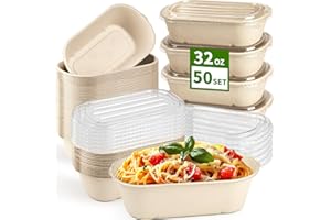 Ocmoiy 50 Pack 32 Oz Disposable Paper Meal Prep Food Containers with Lids for Salad, Lunch, Pasta, Burrito, Chipotle, Leftovers, Take Out, Microwaveable and Freezable, Deep Large 50 Bowls 50 Lids