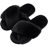Evshine Women's Fuzzy Slippers Cross Band Memory Foam House Slippers Open Toe
