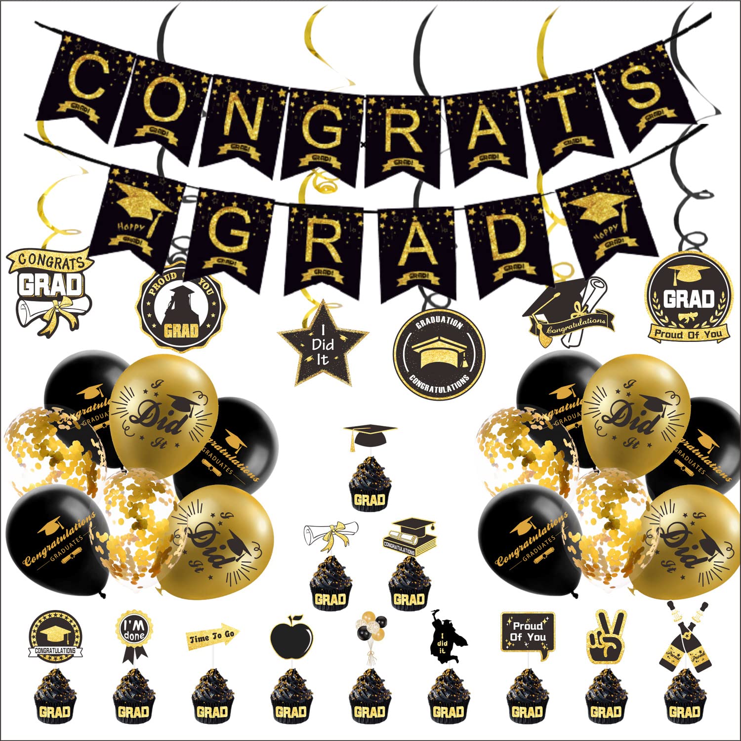 Graduation Party Decorations Black and Gold Congrats Graduate Balloons Wonlonda Happy Graduation Banner with Balloons Bunting Congrats Grad — image 1