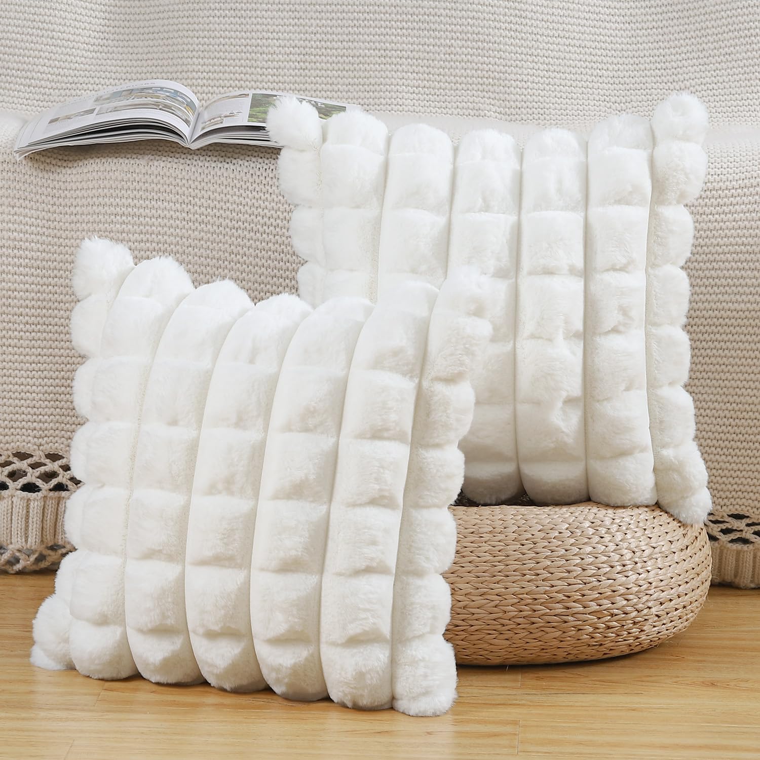Madizz Faux Wool Cream White Cushion Covers 16x16 inch, 40x40 cm, Set of 2 Super Soft Boho Throw Pillow Covers Decorative Textured Throw Pillows for Sofa Bedroom