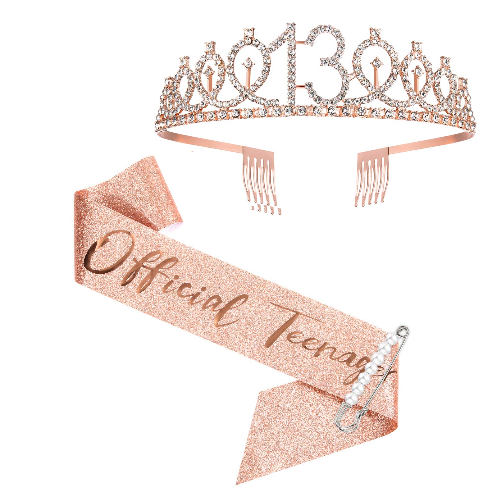 SZHUIHER 13th Birthday Sash and Crown for Girls, Rose Gold Official Teenager Sash and Tiara for Girls, 13th Birthday Gifts