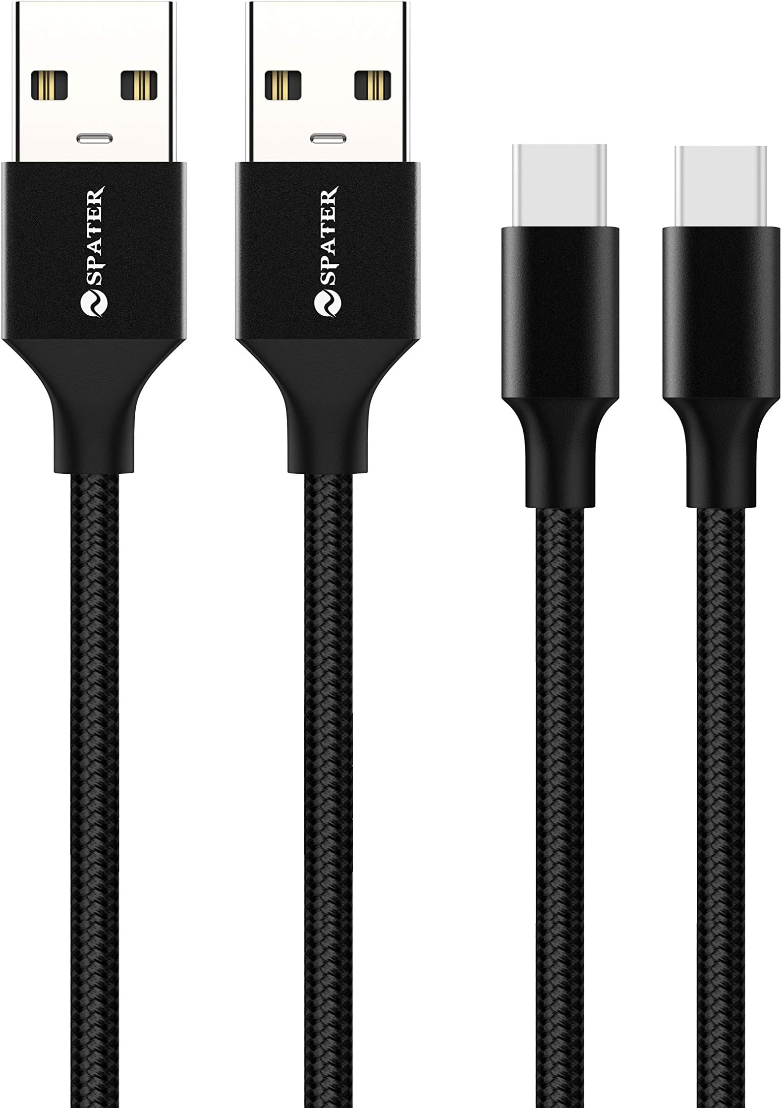 USB Type C Cables, Spater Fast Charging Nylon Braided (6-Feet, 2-Pack) USB C to USB A Cord Compatible with Samsung Galaxy S10 S9 S8 Plus Note 9 8, Pixel, LG V30 V20 G6 G5 (Black)