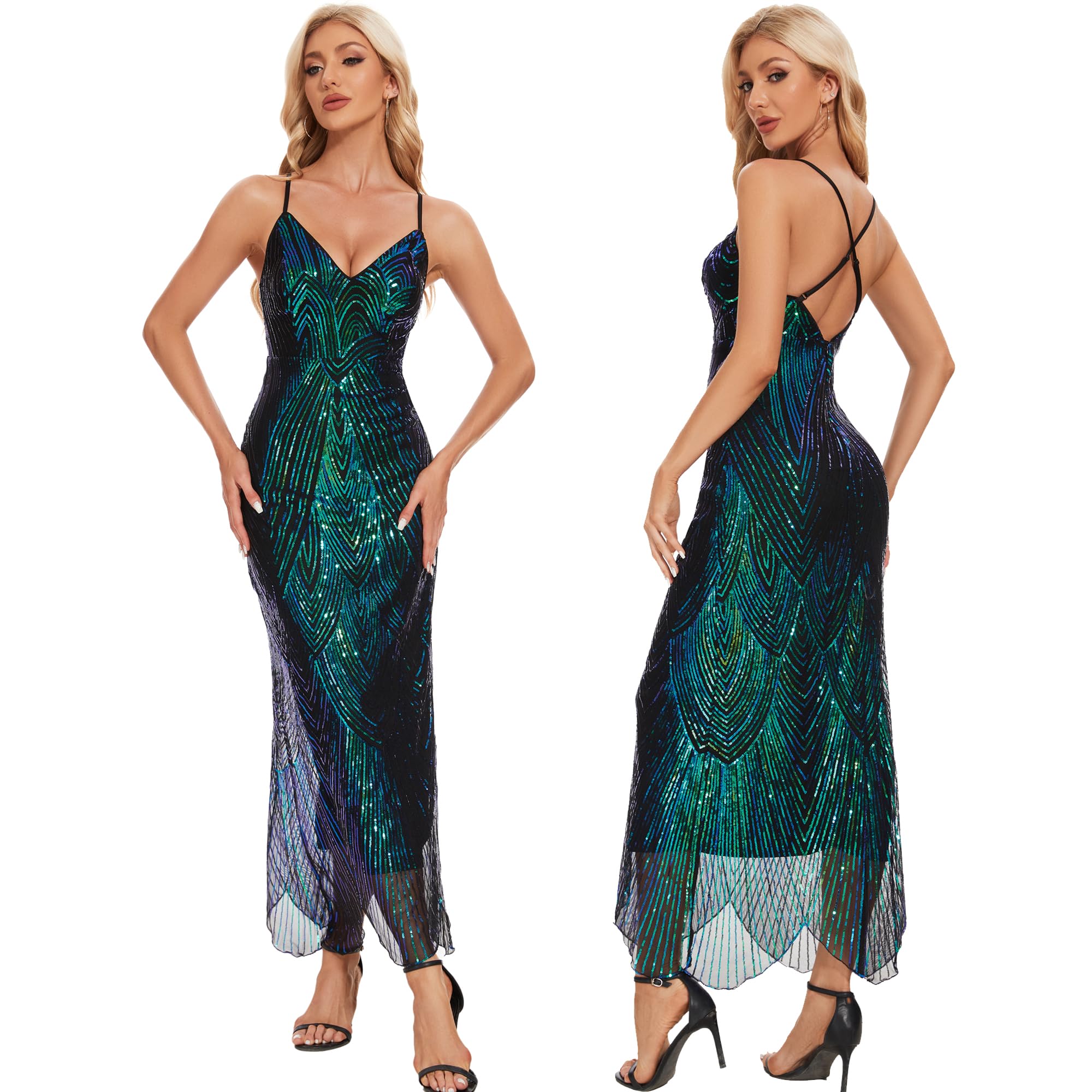Women's V Neck Spaghetti Straps Sequin Sparkly