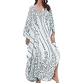 Yanziliu Women Kaftan Dresses Plus Size V-Neck Batwing Sleeves Beach Cover Up 2025 Summer Floral Print Caftan Dress