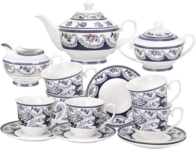 Service à Thé En Céramique 20 Pièces - Théière 700 Ml, Tasses 160 Ml, Style Européen Rétro, Idéal Cadeau - 7