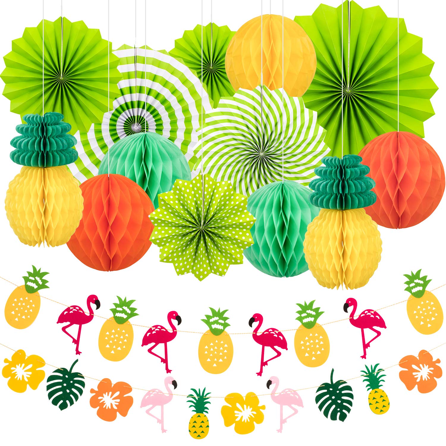 Whaline Summer Party Decoration Set Hanging Paper Fans Pineapple and Flamingo Flower Garland Banner for Hawaiian Luau Beach Birthday Wedding Photo Backdrop