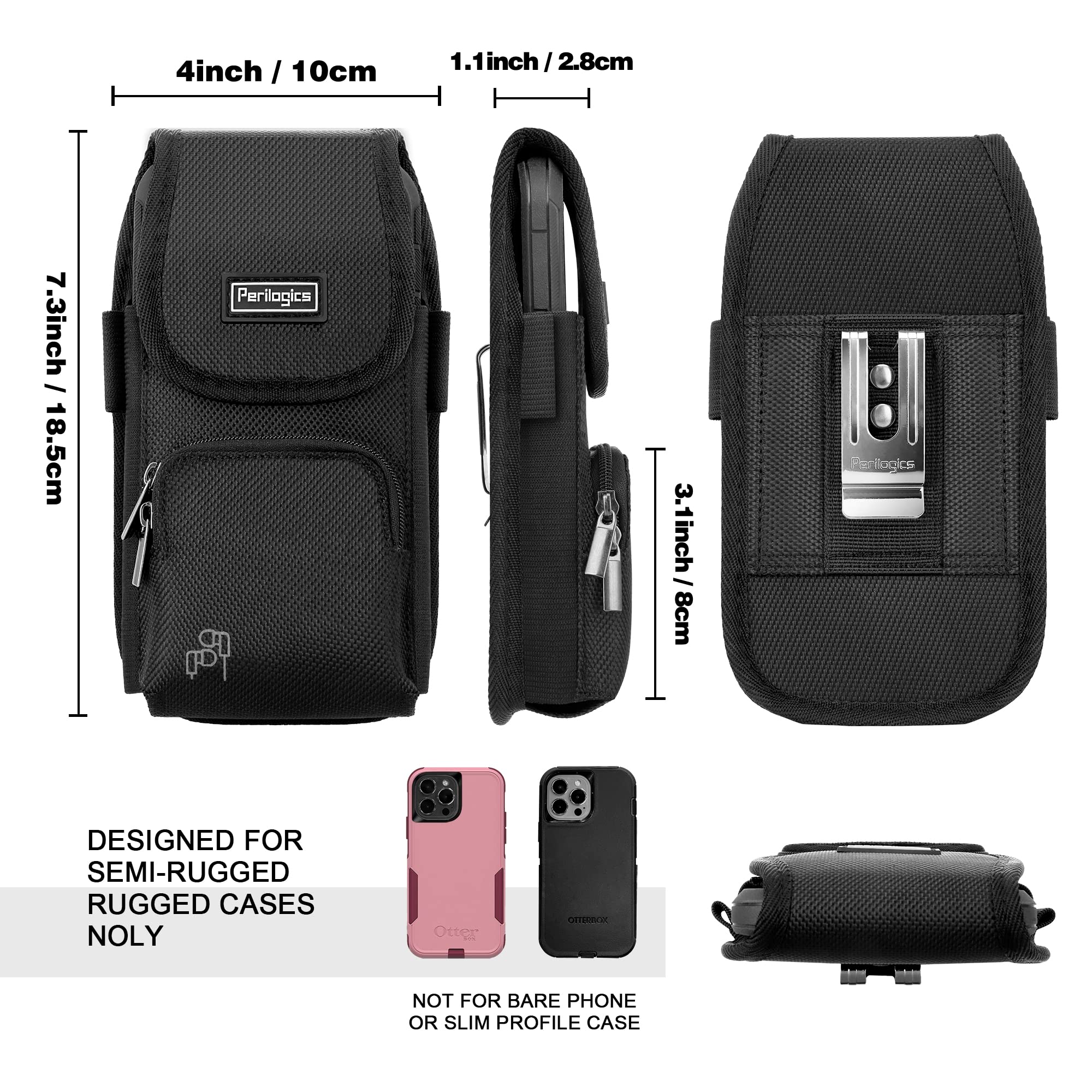 Perilogics Phone Holster with Magnetic Cover. Belt Clip Pouch for iPhone 16 Plus, 16 Pro Max and All Plus and Pro Max Models with Case Installed. Zipper Storage and Credit Card Pocket.