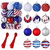 Honoson 24 Pcs 4th of July Patriotic Ornaments Memorial Day Tree Decorations 250th Anniversary 1.2 Inches Glitter Mini Balls Ornaments Small Independence Day Hanging Red White Blue Decoration