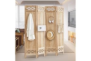 Aleesing Room Dividers and Folding Privacy Screens, 4 Panel Pegboard Display with 16 Hooks, Wood Room Divider Wall Portable Display Board Organizer for Craft Show Jewelry, Home, Jewelry Store, Natural