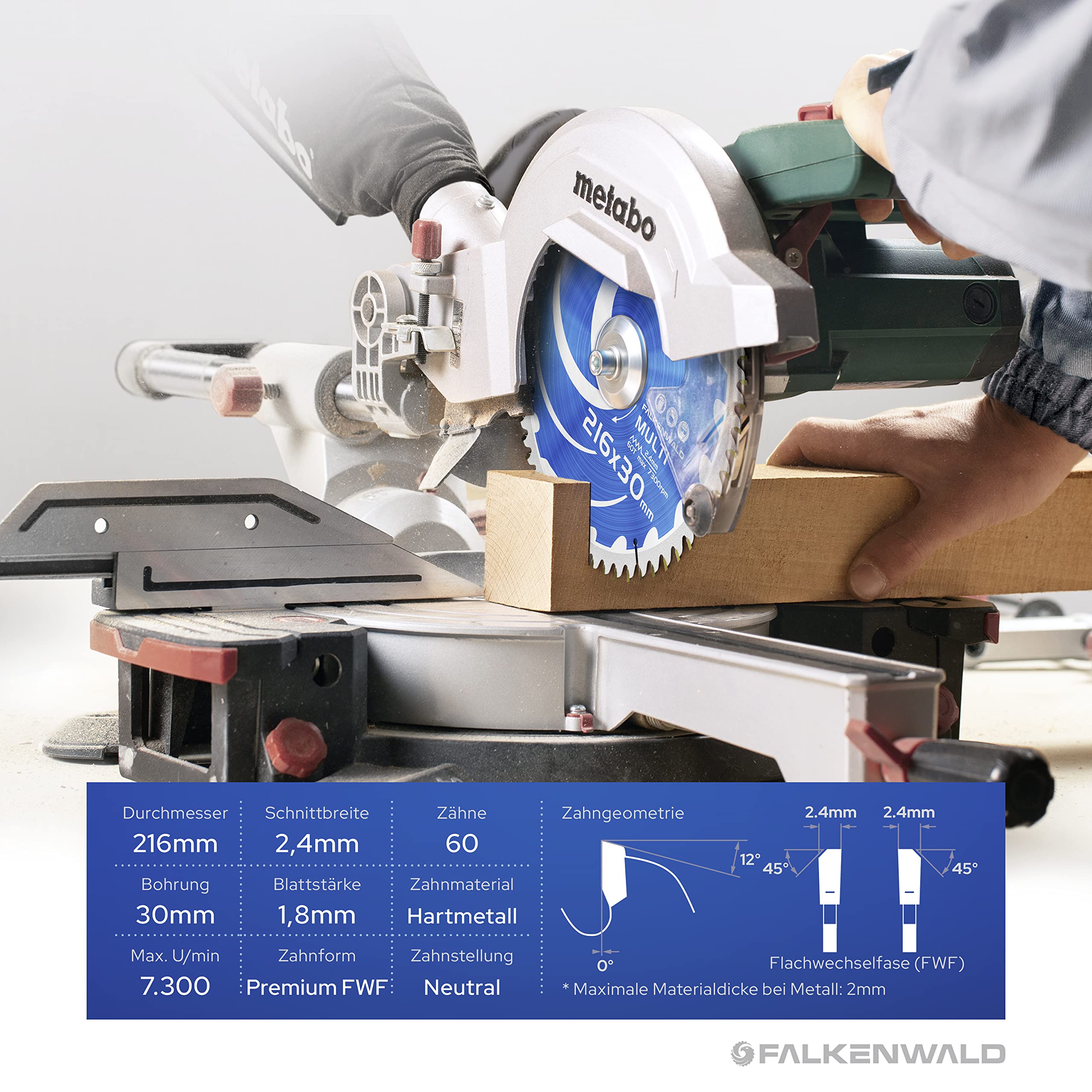 FALKENWALD ® Kreissägeblatt 216x30 mm ideal für Holz, Metall & Alu - Sägeblatt 216x30 kompatibel mit Bosch GTS 635-216 & Metabo KGS 216 M - 216 Sägeblatt - 216 30 4
