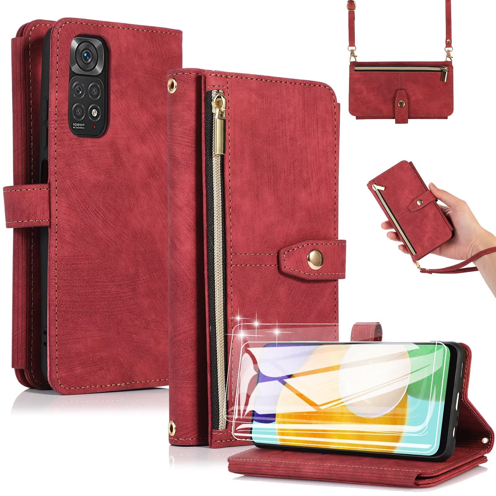 ESONG Crossbody phone Case for Xiaomi Redmi Note 11 4G/Note 11S,Leather Zipper Wallet Flip Magnetic Shockproof Protection Cover with 2 Tempered Glass Screen Protectors[9 Card Slot/2 Coin Pouch],Red