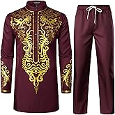 LucMatton Men's African Attire 2 Piece Set Gold Foil Print Mandarin Collar Long Sleeve Shirt and Pants Suit Dashiki Outfit
