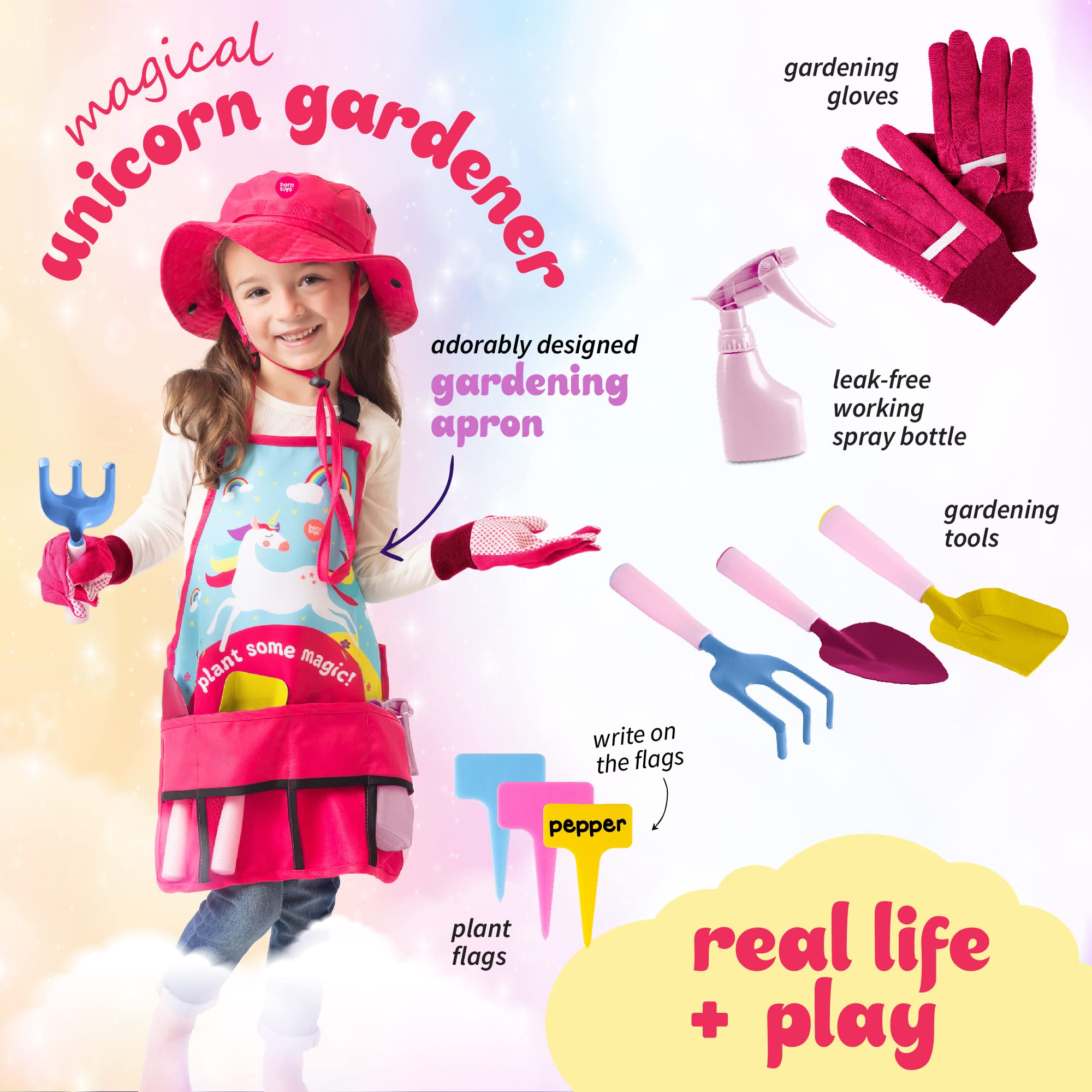 Born Toys Unicorn Kids Gardening Set for Ages 3 & Up, Includes Apron, Sun Hat, Gloves, Shovel - 11pcs Girls Gardening Kit (Pink)