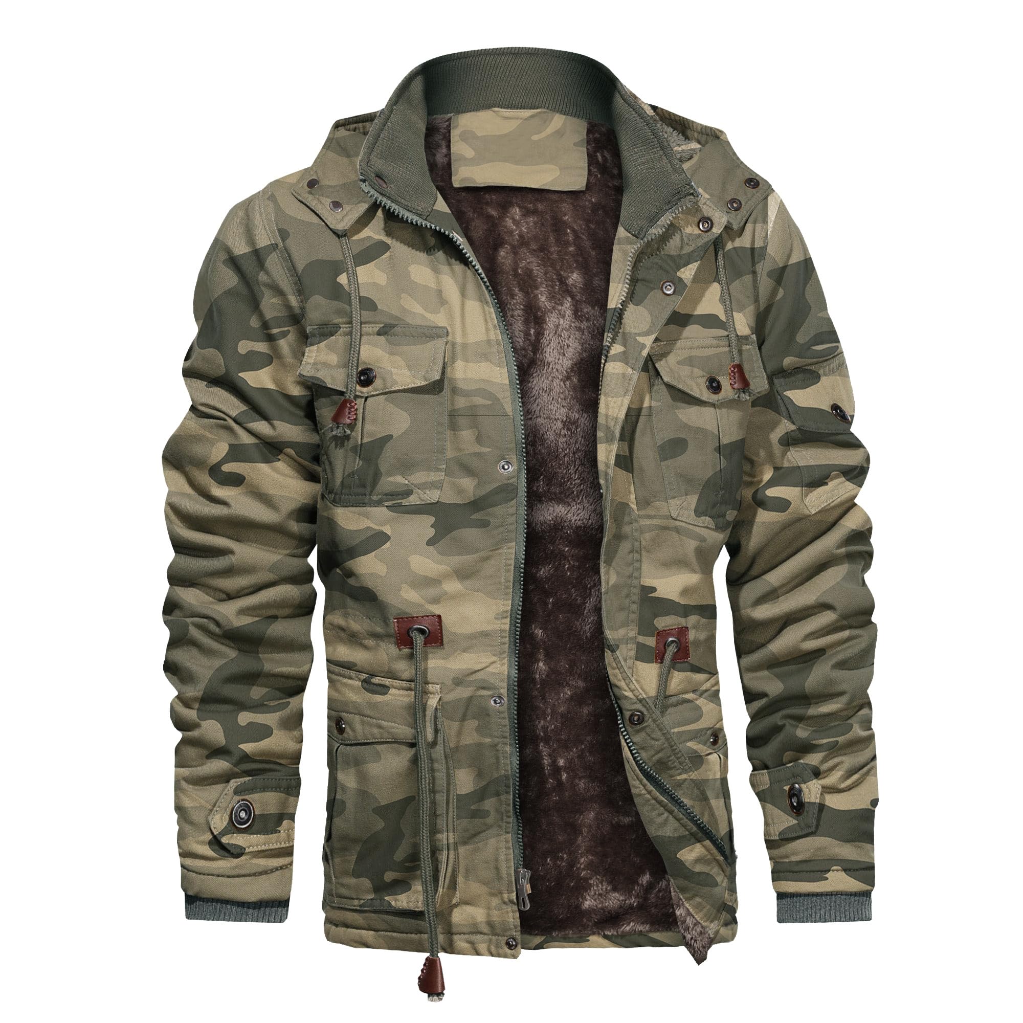 CHEXPEL Men's Thick Winter Jackets with Hood Fleece Lining Cotton Military Jackets Work Coats with Cargo Pockets Camo 2XL Image