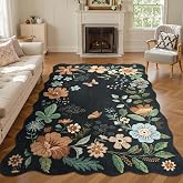 Lahome Floral Rugs for Living Room, 5x7 Area Rugs Soft Washable Bedroom Rug | Ultra-Thin Non-Slip Stain Resistant Boho Flore Carpet for Dining Room Office (5x7ft,Black/Grey)