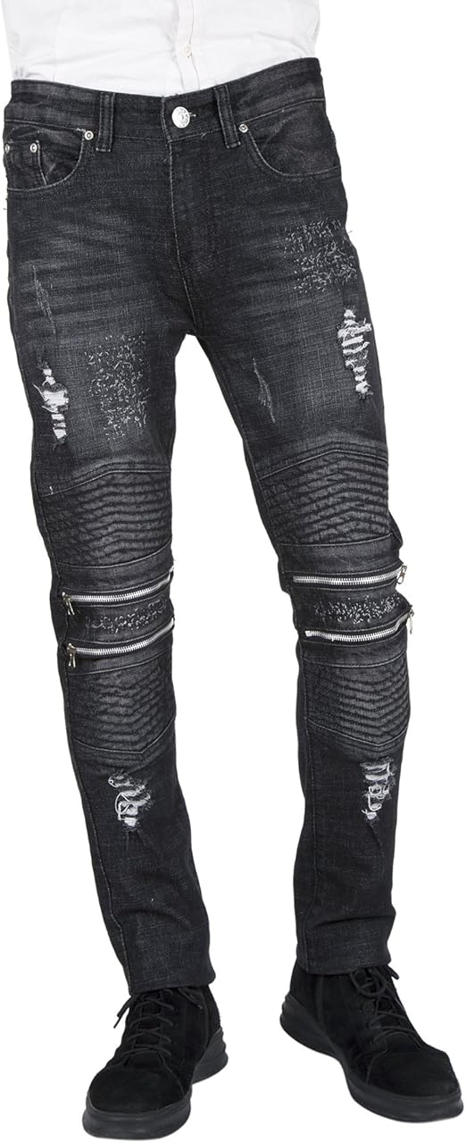 By Neki Mens Black Ripped Zip Knee Detail Distressed Jeans (36) Amazon