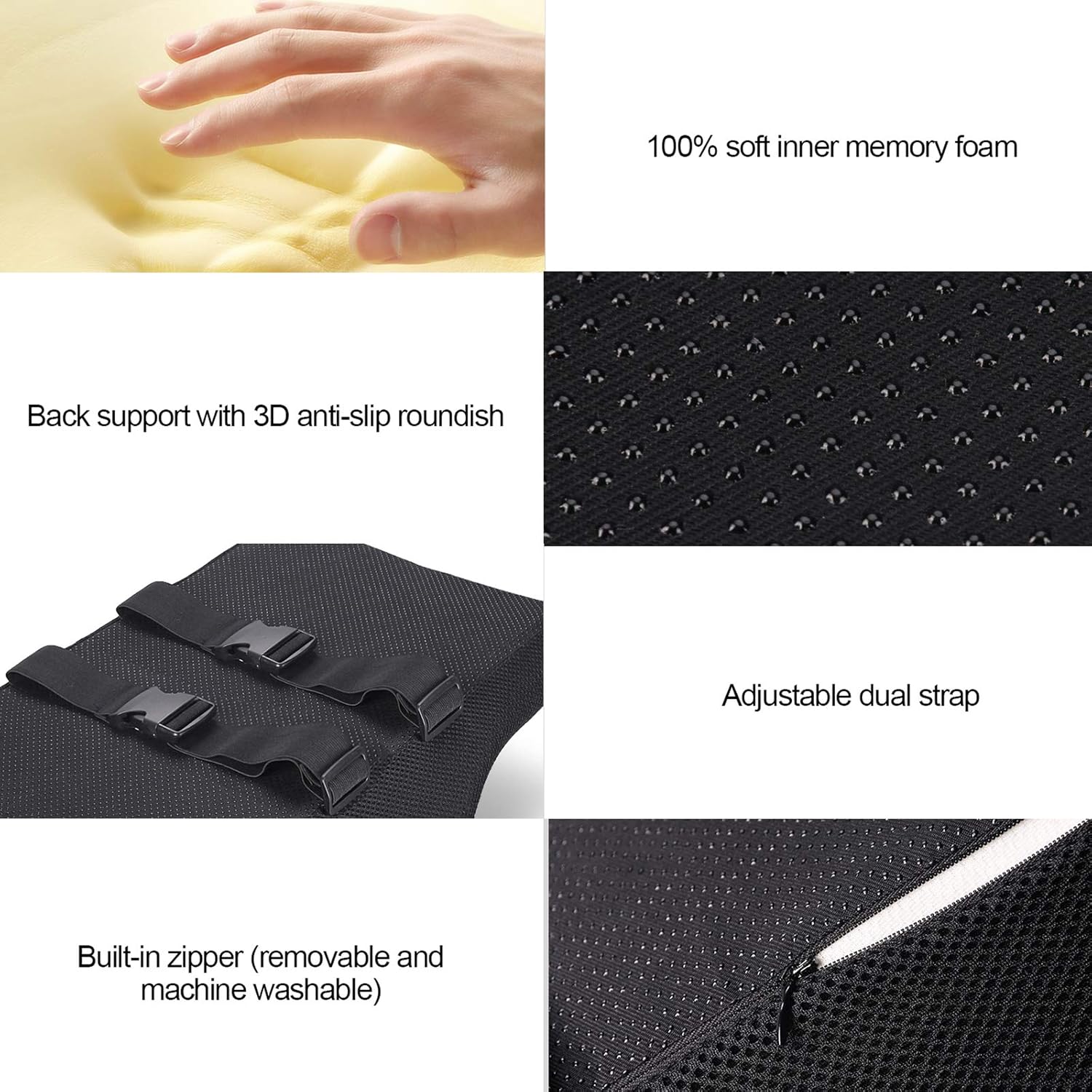 Lumbar Support Pillow for Office Chair Car Memory Foam Chair Back Support Cushion with Breathable Mesh Cloth and Double Adjustable Straps 3D Anti Slip Rubber Bottom Suitable for Home Office and Car: Kitchen & Dining