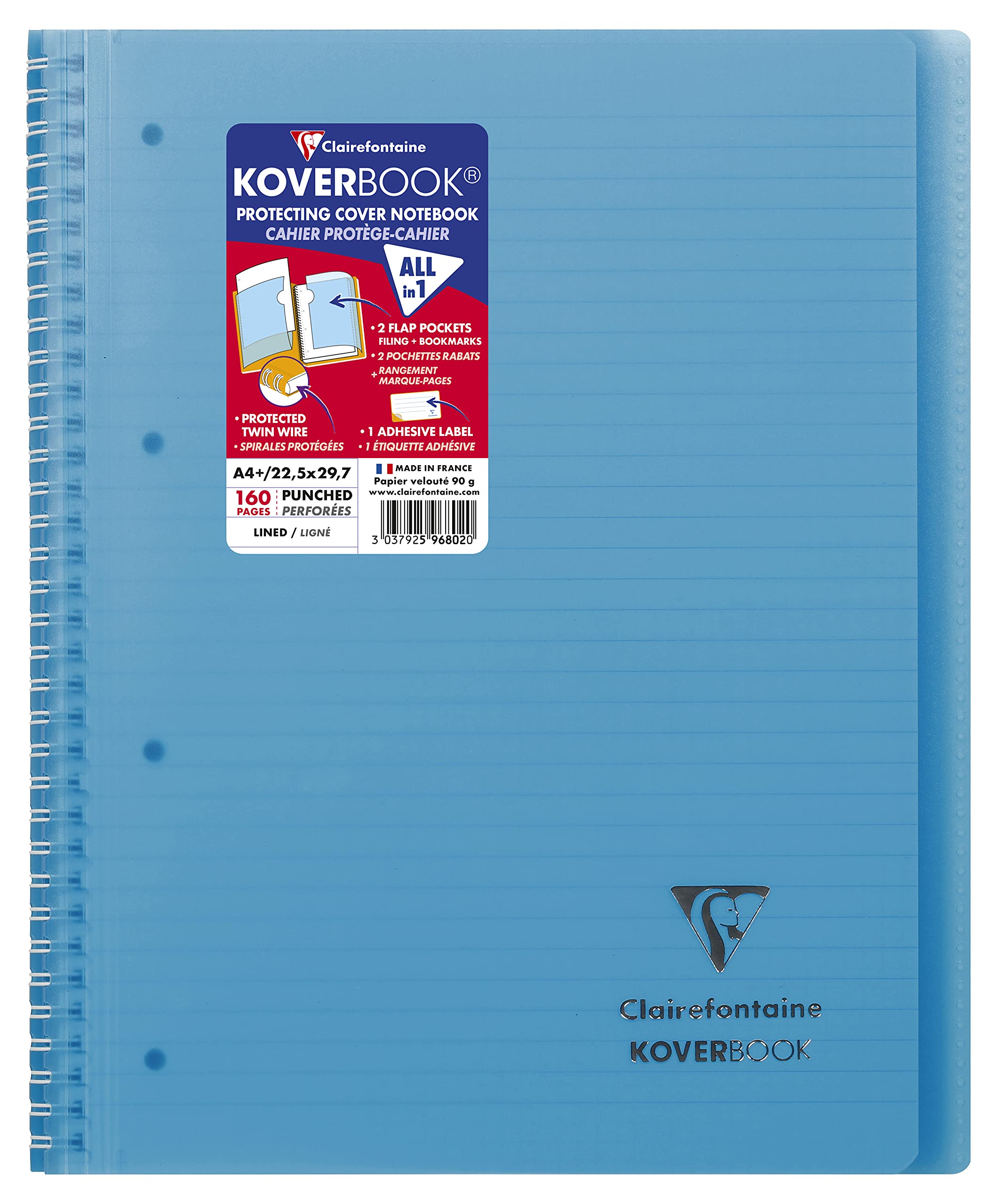 Clairefontaine 596802C - One Koverbook Blue Spiral Notebook - A4+ 22.5x29.7 cm - 160 Detachable Lined Pages with Margin - White Paper 90 g - Polypro Cover