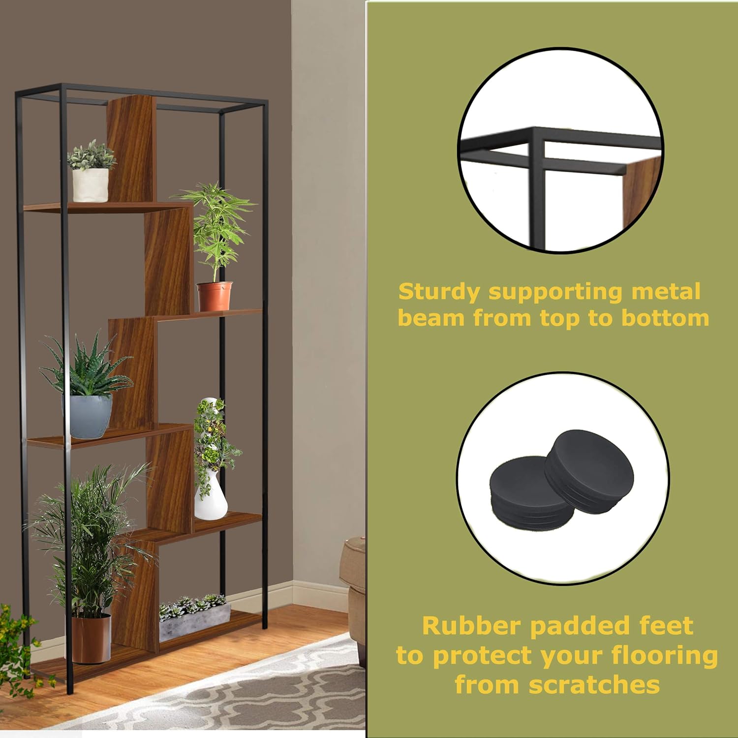 5 Tier Multishelf Storage Organizer Bookcase and Display Rack Brown Shelves with Black Steel Frame: Furniture & Decor
