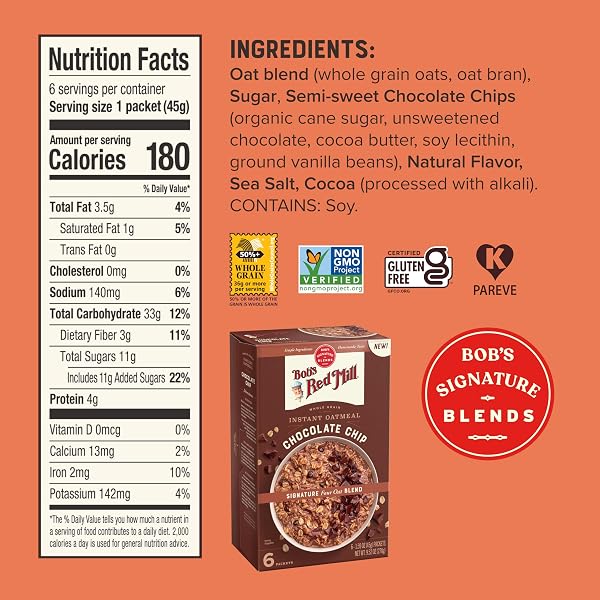BOB’S RED MILL INSTANT OATMEAL PACKETS, CHOCOLATE CHIP (1 BOX/6 PACKETS PER BOX), NON-GMO, GLUTEN FREE, WHOLE GRAIN