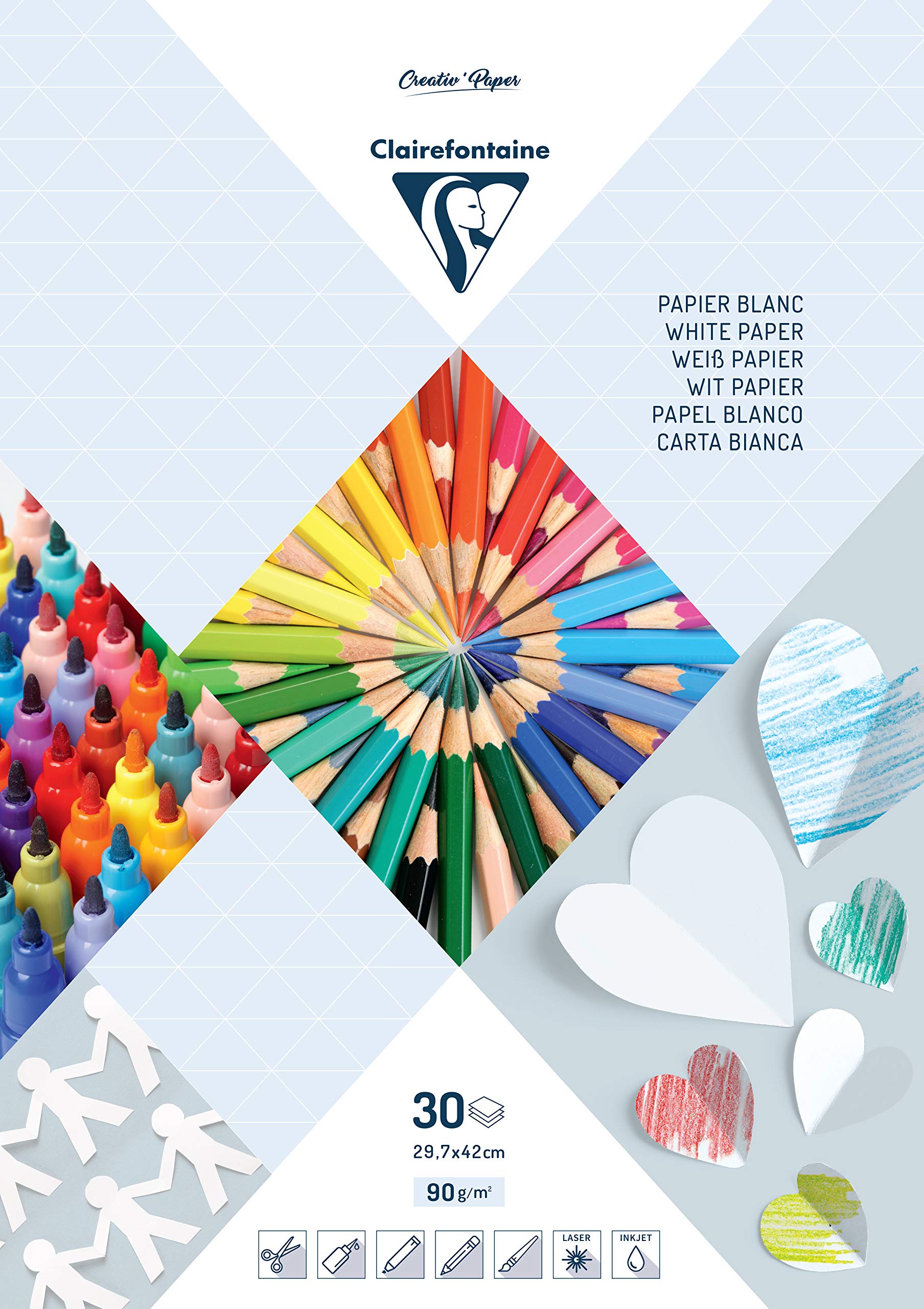 Clairefontaine 97240C Pad of 30 Sheets of White Paper Format A3 (29,7x21cm) - Paper 90g/m² for Crafts and Drawings - Creative Leisure for Children and Adults