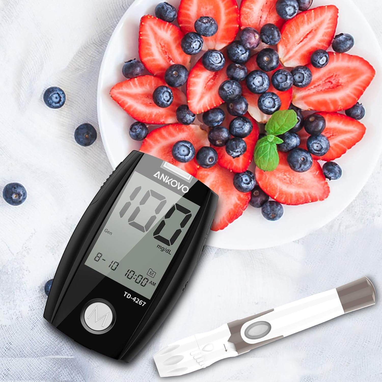 Blood Glucose Monitor Kit, ANKOVO Diabetes Testing Kit with Blood Glucose Meter, Control Solution, 100 Blood Test Strips, 100 Counts 30 Gauge Lancets and Carrying Case, Lancing Device, No Coding: Health & Personal Care
