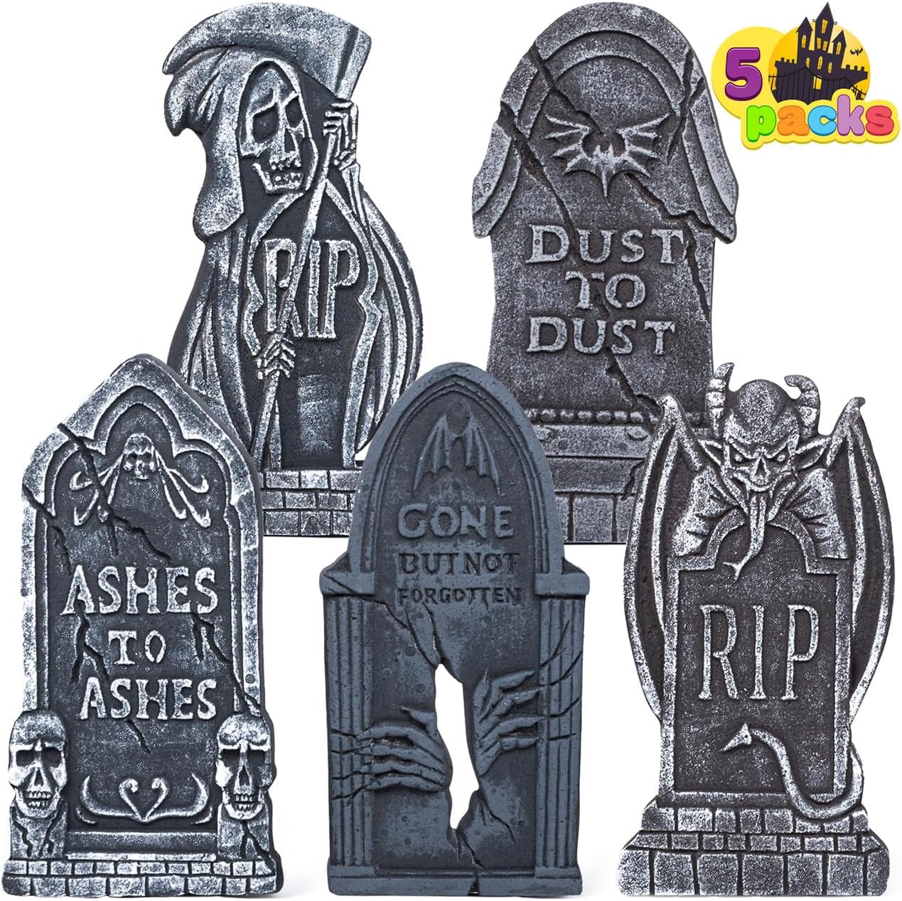 Yard Signs - JOYIN 17” Halloween Foam RIP Graveyard Tombstones Decorations (5 Pack), Headstone Decorations and 12 Bonus Metal Stakes for Halloween Yard Decorations