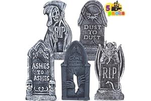 JOYIN 17” Halloween Tombstones for Graves Decorations Outdoor (5 Pack), Foam RIP Graveyard Headstone Decorations and 12 Bonus Metal Stakes for Halloween Yard Lawn Decor