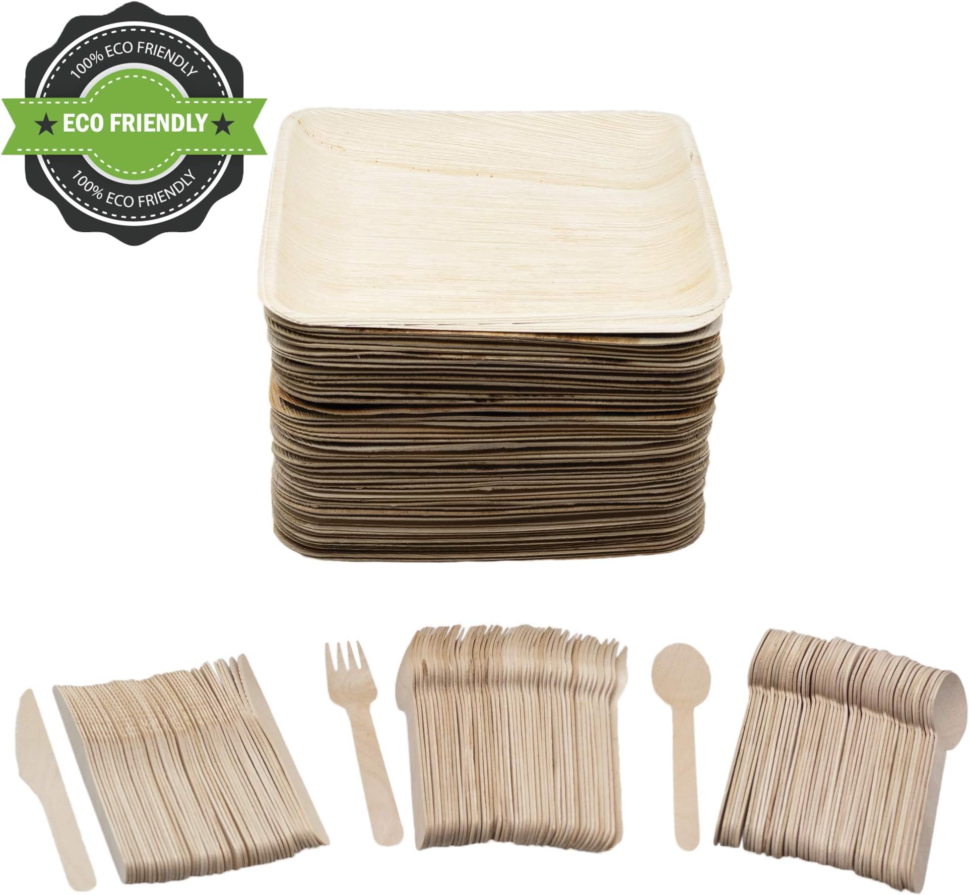 Party Pack of 200 Eco Friendly Dinnerware Set: 50 10" Biodegradable Square Palm Leaf Plates+ 50 Spoons+ 50 Forks+ 50 Knives. Disposable,Compostable,Recyclable,and Sustainable.Not Bamboo, Wood,or Paper