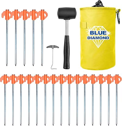 Blue Diamond Heavy Duty Tent Pegs 20 Pack with Mallet Peg Puller Kit