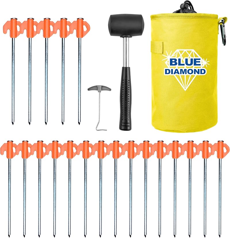 Blue Diamond Heavy Duty Tent Pegs 20 Pack with Mallet Peg Puller Kit