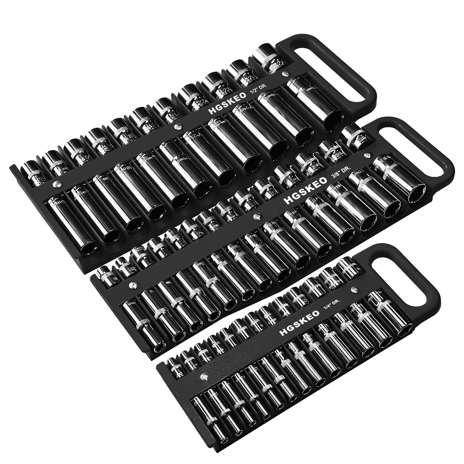 Photo 1 of *PARTIAL SET - ONLY holders, no sockets*
HGSKEO Magnetic Socket Holder Set with Handle, Portable Socket Organizer, Heavy Duty Socket Racks, 76 standard Sockets for Tool Box (Black, 3 Pcs Set-1/4", 3/8" & 1/2")