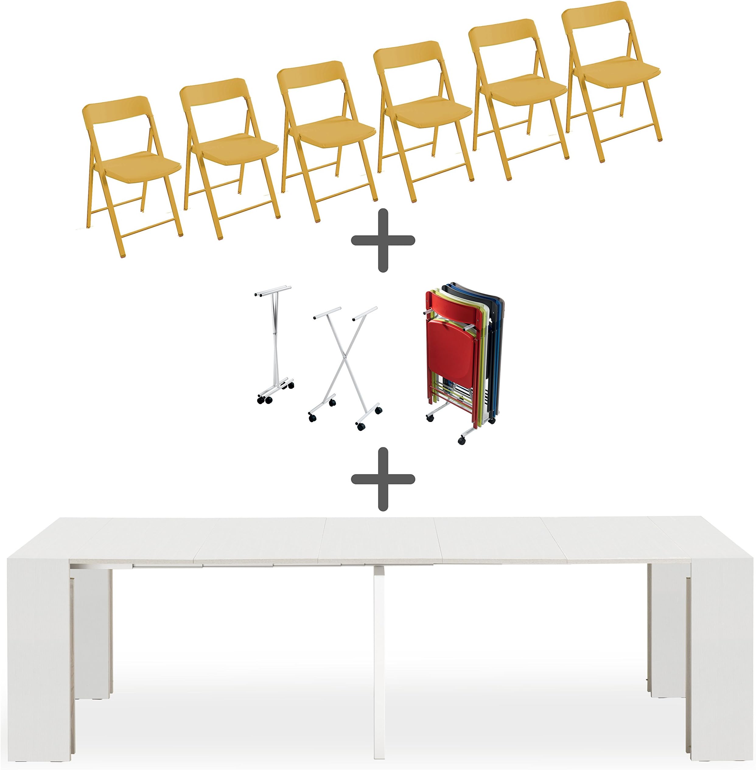 ARREDinITALY Set of 6 Folding Chairs + Trolley + Extendable Console Party, Ash White, 90 x 45 cm It converts to a solid extendable table up to 3 metres (12 sites). Brand new Made in Italy.
