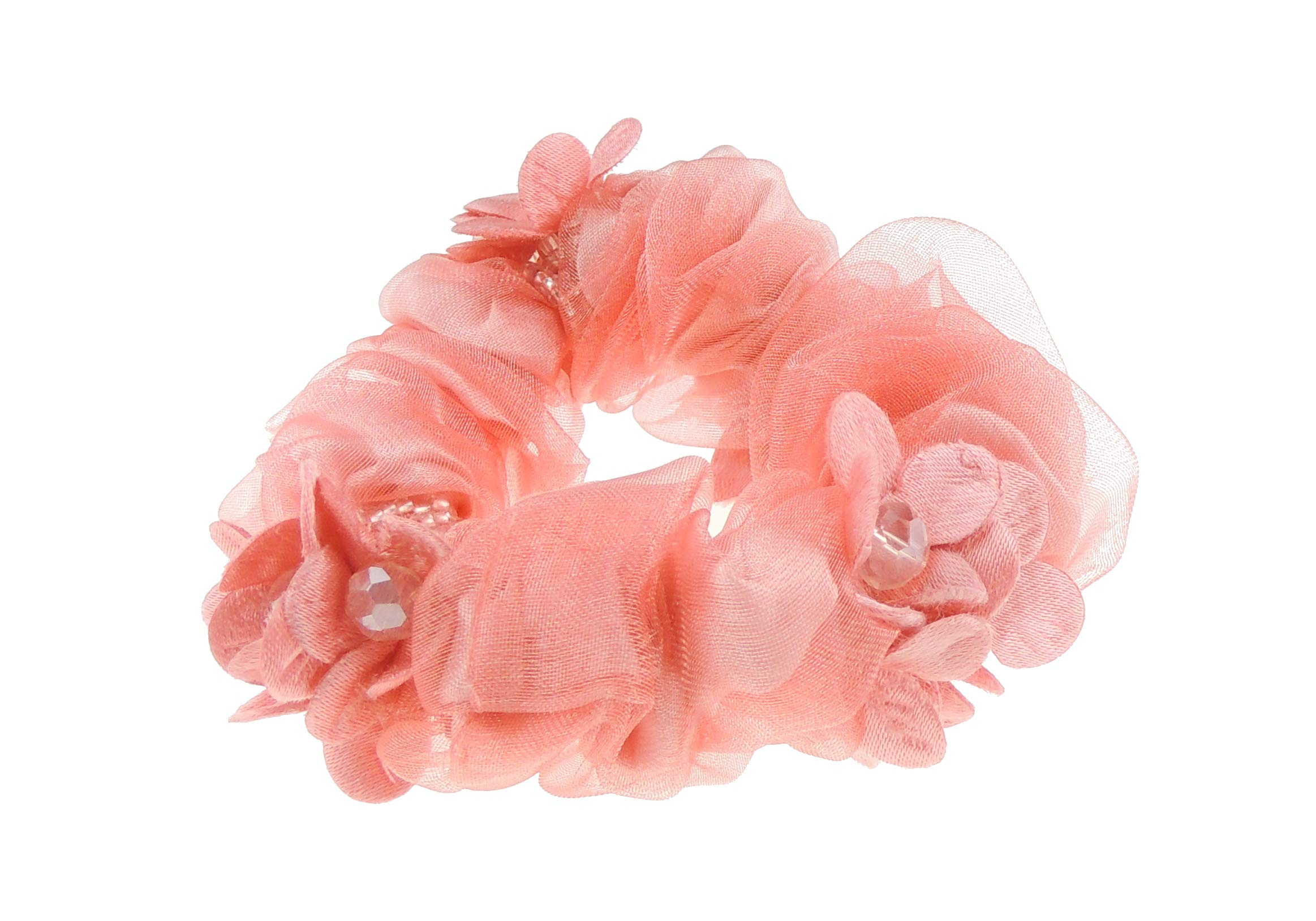 Womens Girls Chiffon Beaded Floral Fabric Scrunchie Christmas Birthday Bridal Wedding Party Ponio Hair Tie Up Back Elastic Accessories Bobbles Ponytail Holder Rubber Bands (Cluster Coral)