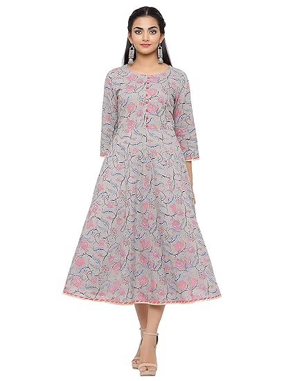 Women's Cotton Printed Anarkali Kurta (Grey)
