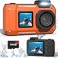 33FT Underwater Camera with 64G Card, 4K48MP Waterproof Cameras Rugged Dustproof Shockproof for Snorkeling, Autofocus Selfie Digital Cameras for Diving,Dual-Screen Underwater Photograph Camera(Orange)