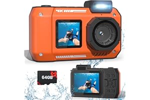 FOHOA 33FT Underwater Camera with 64G Card, 4K48MP Waterproof Cameras Rugged Dustproof Shockproof for Snorkeling, Autofocus Selfie Digital Cameras for Diving,Dual-Screen Underwater Photograph Camera(Orange)