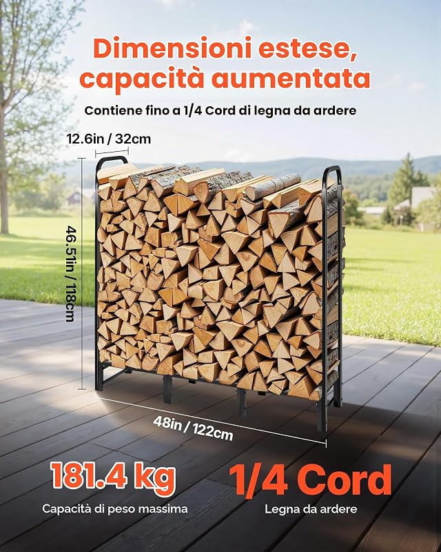 Portalegna con Copertura Impermeabile, Portalegna in Metallo per Esterni, 1220 x 320 x 1180 mm, Carico Massimo 181,4 kg, Copertura Parziale, Verniciato a Polvere, per Patio, Veranda