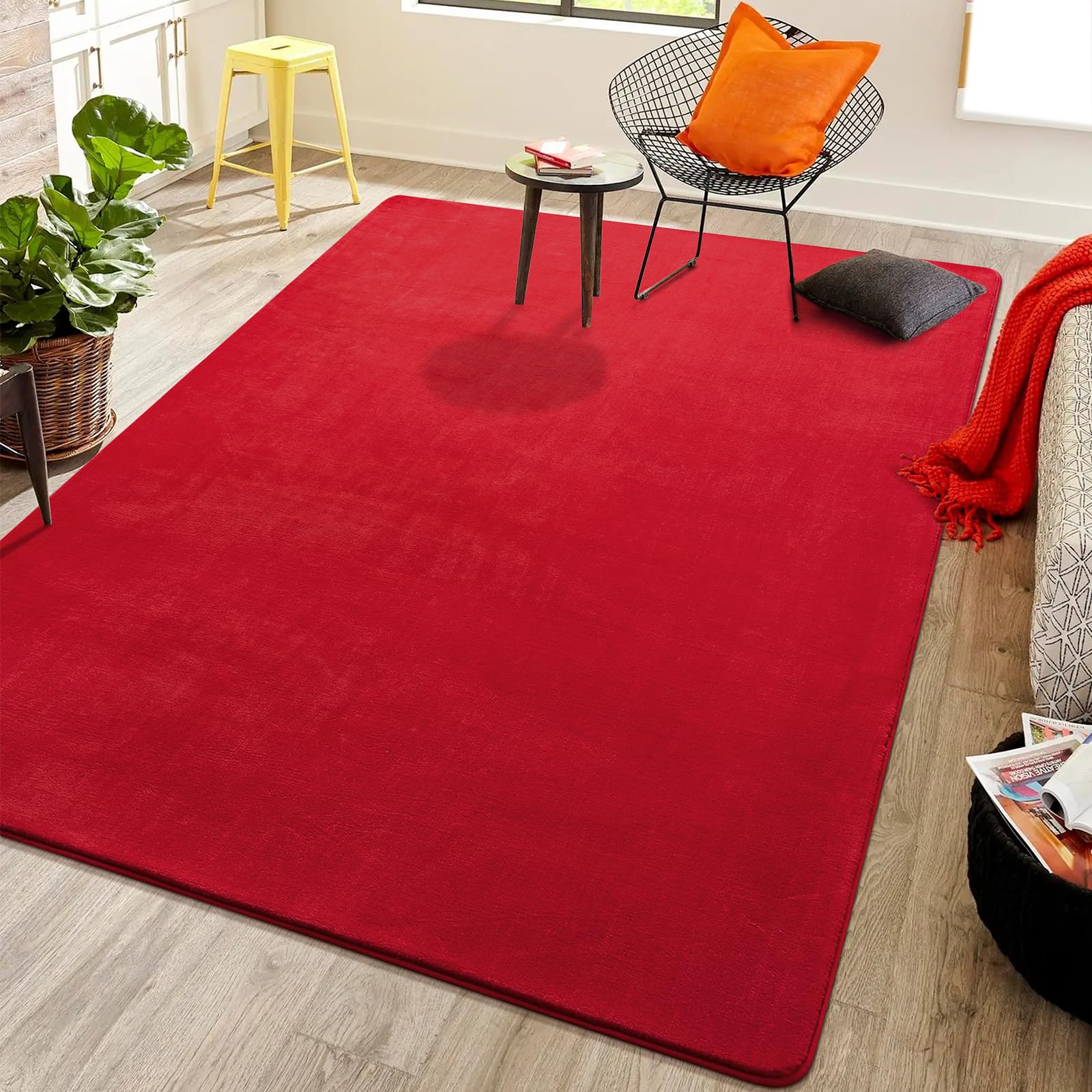 Photo 1 of Softlife Red 4x6 Area Rug for Bedroom Living Room, Solid Non-Slip Fluffy Carpet with Soft Low Pile for Kids Boys Girls, Machine Washable Fuzzy Aethetic Rugs Home Dorm Decor