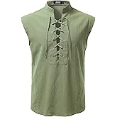 JOGAL Mens Renaissance Shirt Pirate Medieval Sleeveless Halloween Costume Steampunk Viking Lace-up Stand Collar Shirts