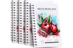 PRUDIUT 4 Pack Mixed Media Sketchbook, 5.5x8.5 inches Drawing Paper Sketch Book, 98lb/160gsm Heavyweight Spiral Bound Sketch Pads, Suitable for Wet and Dry Media, Drawing, Painting, Sketching(200 Sheets)