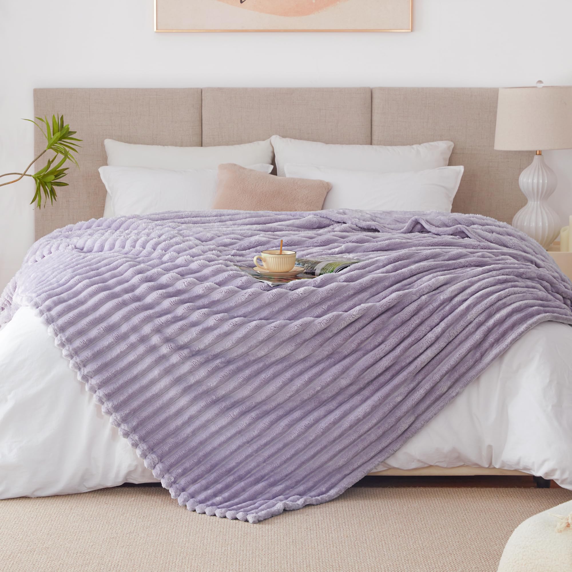 EXQ Home Fleece Blanket Queen Size for Couch or Bed - 3D Stripe Jacquard Decorative Blankets - Cozy Soft Lightweight Fuzzy Flannel Blanket Suitable for All Seasons(90"×90",Light Purple) Image