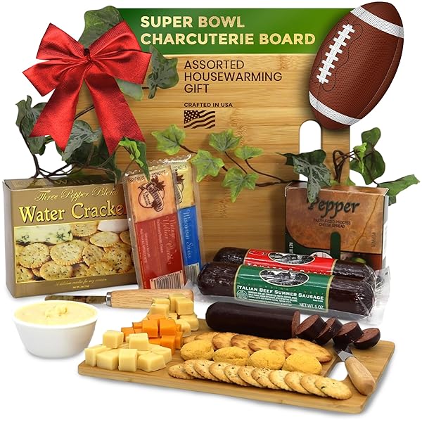 GIFT BASKET VILLAGE CHARCUTERIE BOARD GIFT SET – BAMBOO CUTTING BOARD, THREE-PEPPER CRACKERS, ITALIAN SAUSAGE, WISCONSIN CHEESE, CHEESE SPREAD, AND KNIFE – WEDDING OR HOUSEWARMING GIFT