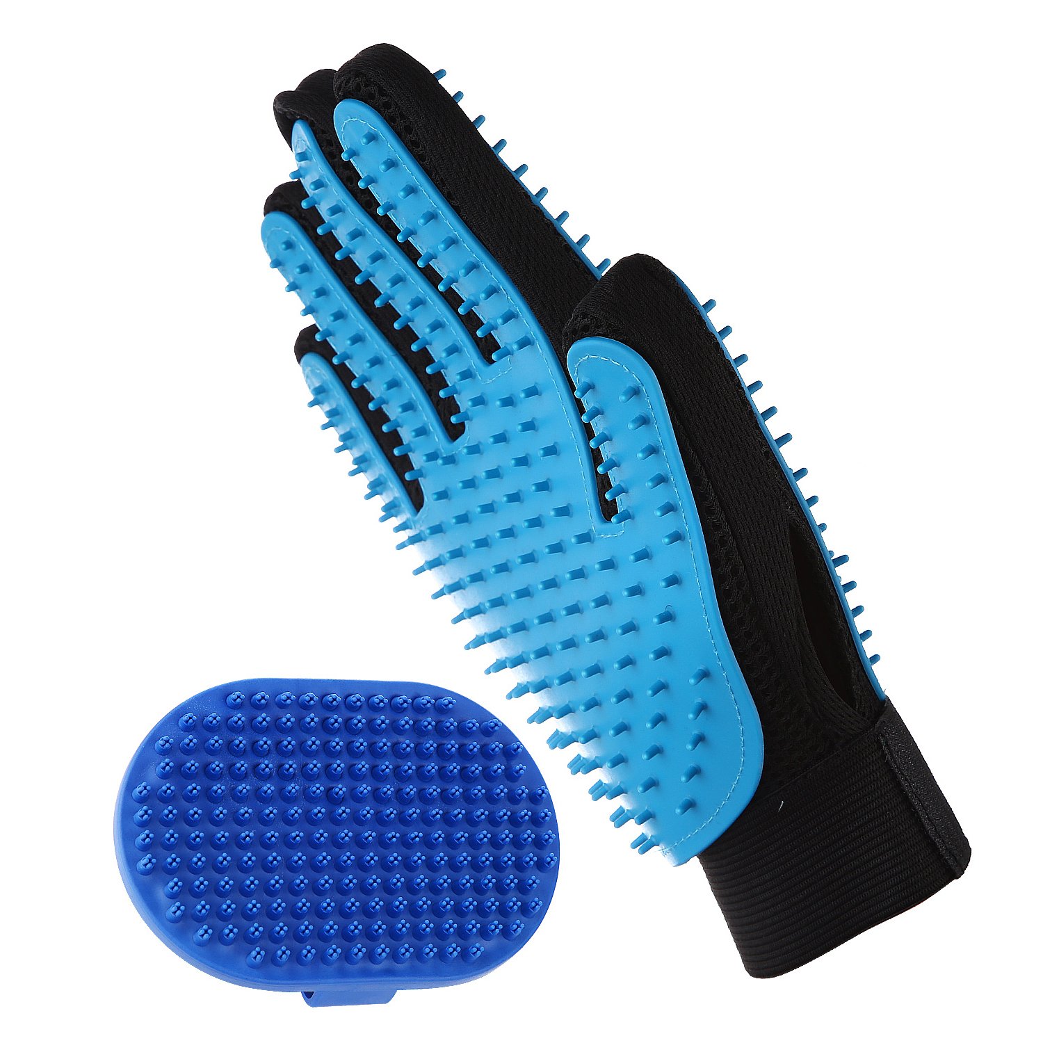 Pet Grooming Glove for Long and Short Fur - Hair Remover Mitt - Gentle Deshedding Brush - Efficient Double Side with Five Finger Design for Horses, Dogs and Cats - Blue