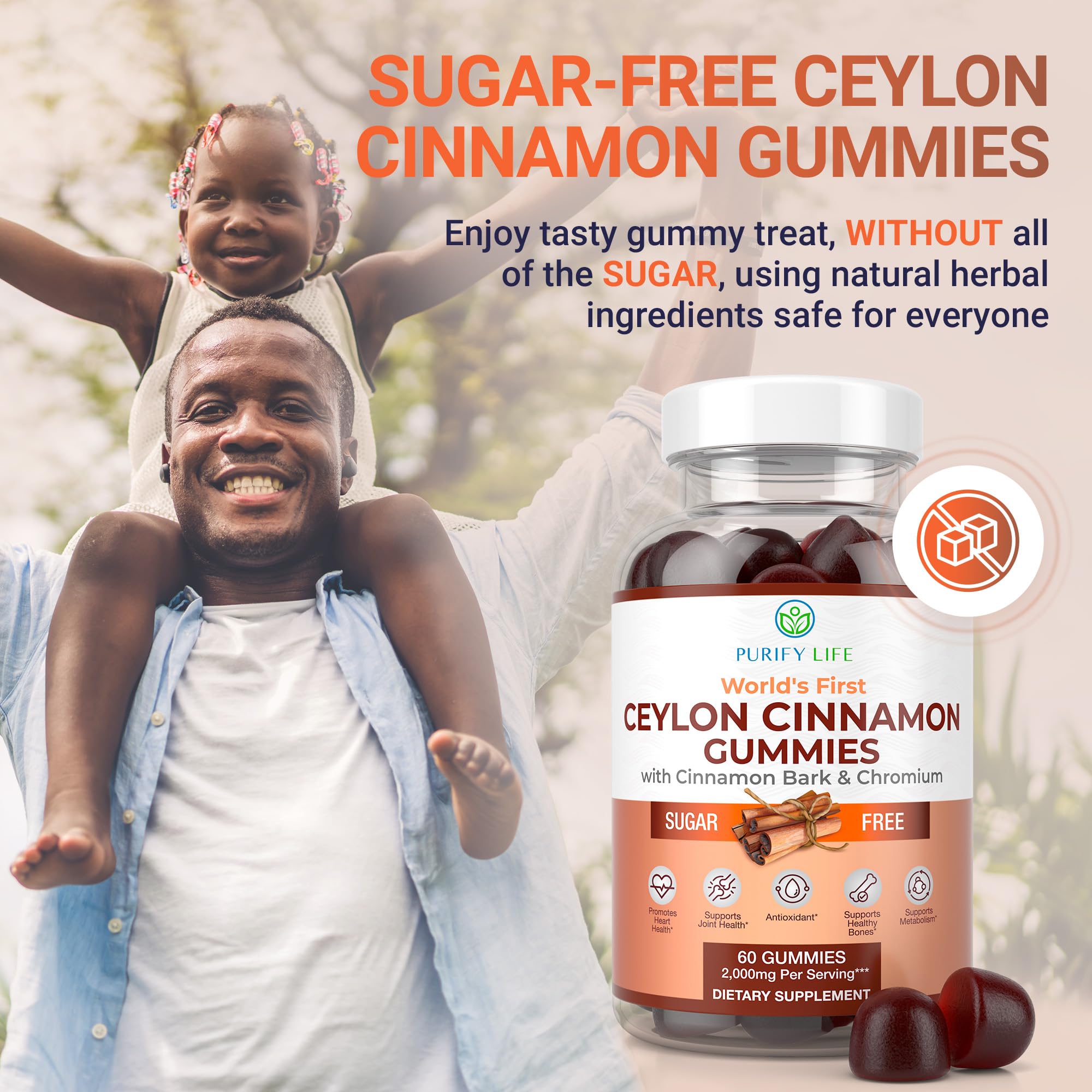 Sugar-Free Ceylon Cinnamon Gummies (2,000mg/Serving) Joint Pain Support Supplement for Brain Health, Vegan, Gluten-Free, Replace Ceylon Cinnamon Capsules, Pills, Powder, Extract (60 Chews)