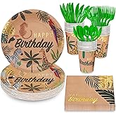 DYLIVeS Safari Jungle Birthday Party Supplies Tableware, Zoo Theme Gold Foil Forest Animal Party Decorations Packs Baby Shower - Disposable Plates, Cups, Napkins, Cutlery (Serves 24, Total 144pcs)