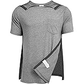 Deyeek Men's Post Shoulder Surgery Shirts Recovery Tear Away Short Sleeve Full Open Side Snap Adaptive Chemo Clothing